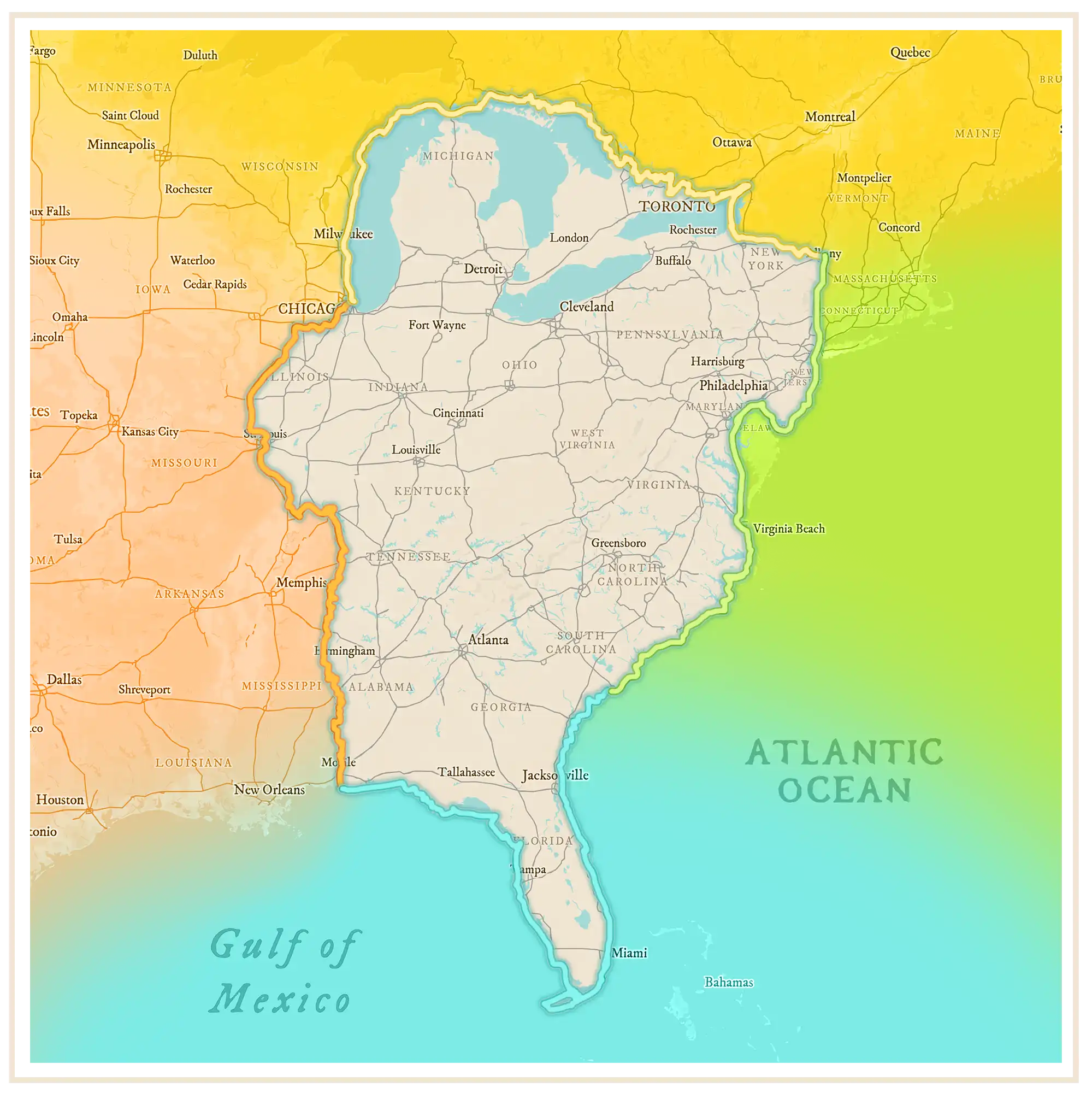 Great Loop Seasons Map - fall down the rivers, winter in Florida, spring up the east coast, and spend the summer inn the Great Lakes.