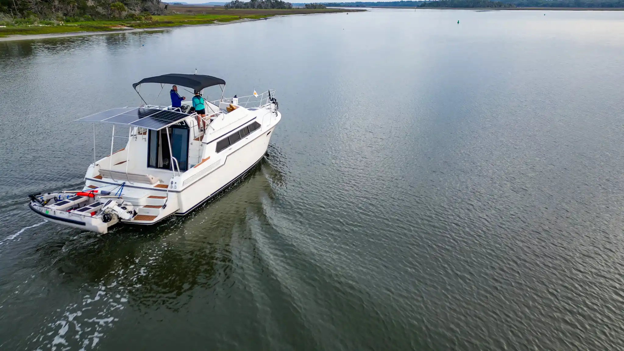 Loop boat Swamp Puppy from an overhead drone shot.