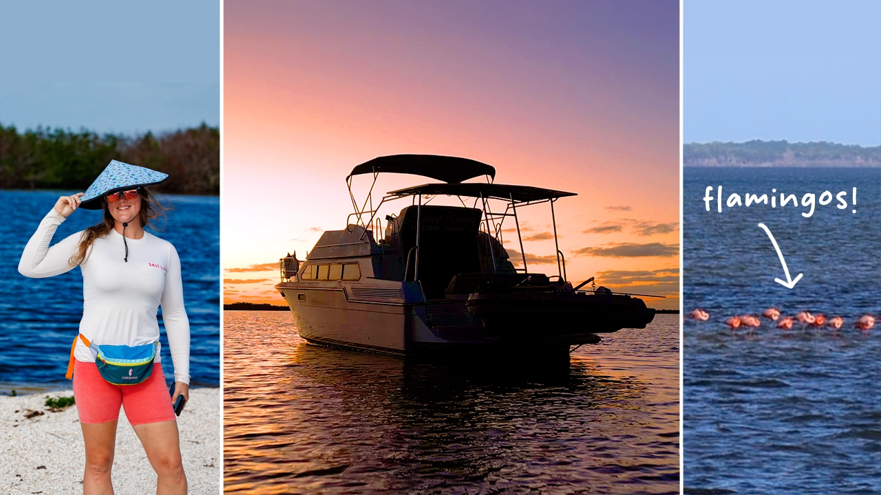 Merritt Island on the Great Loop featuring our Loop boat and flamingos.