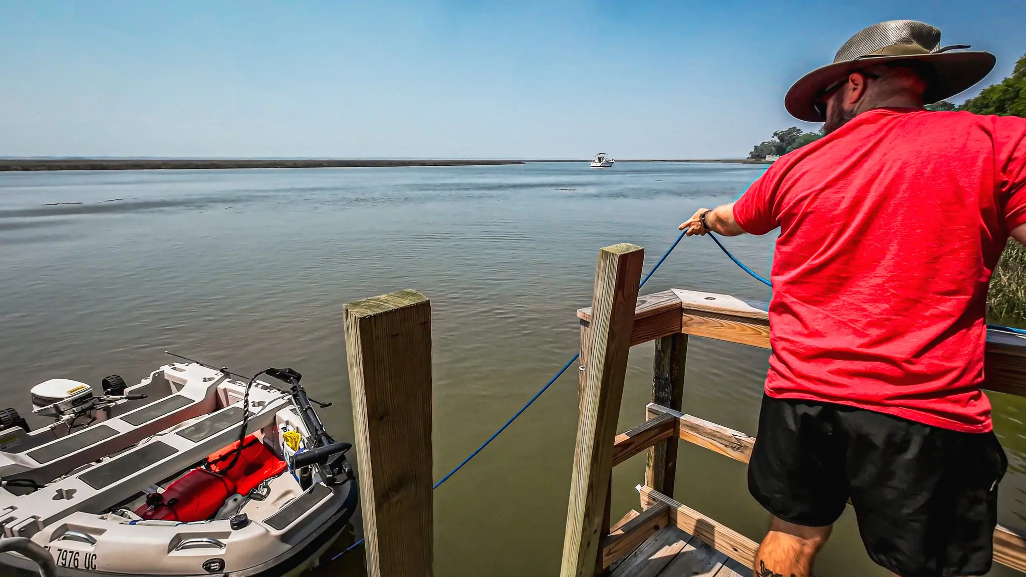 Tom tying up our Great Loop dinghy at the Fort Frederica anchorage.