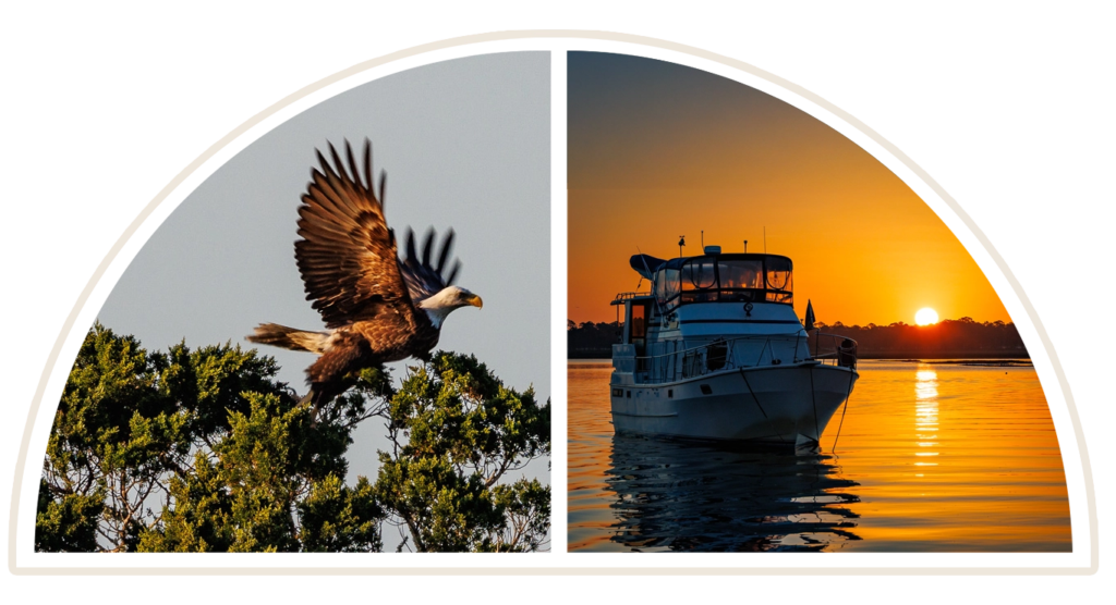A bald eagle and a Loop boat orange in the sunrise.
