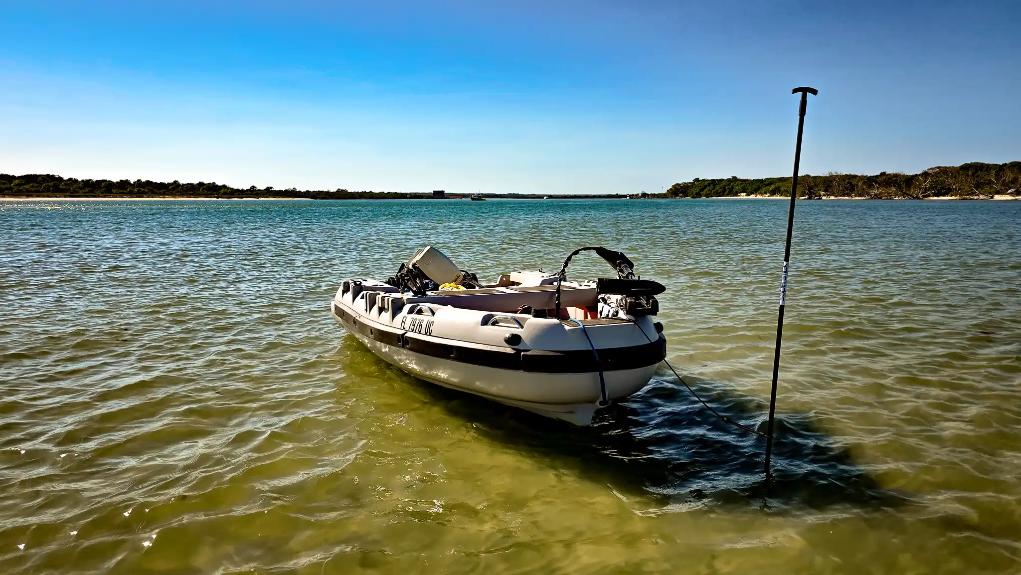 Mantus dinghy on the Great Loop, shallow anchored near Fort Matanzas National Monument.