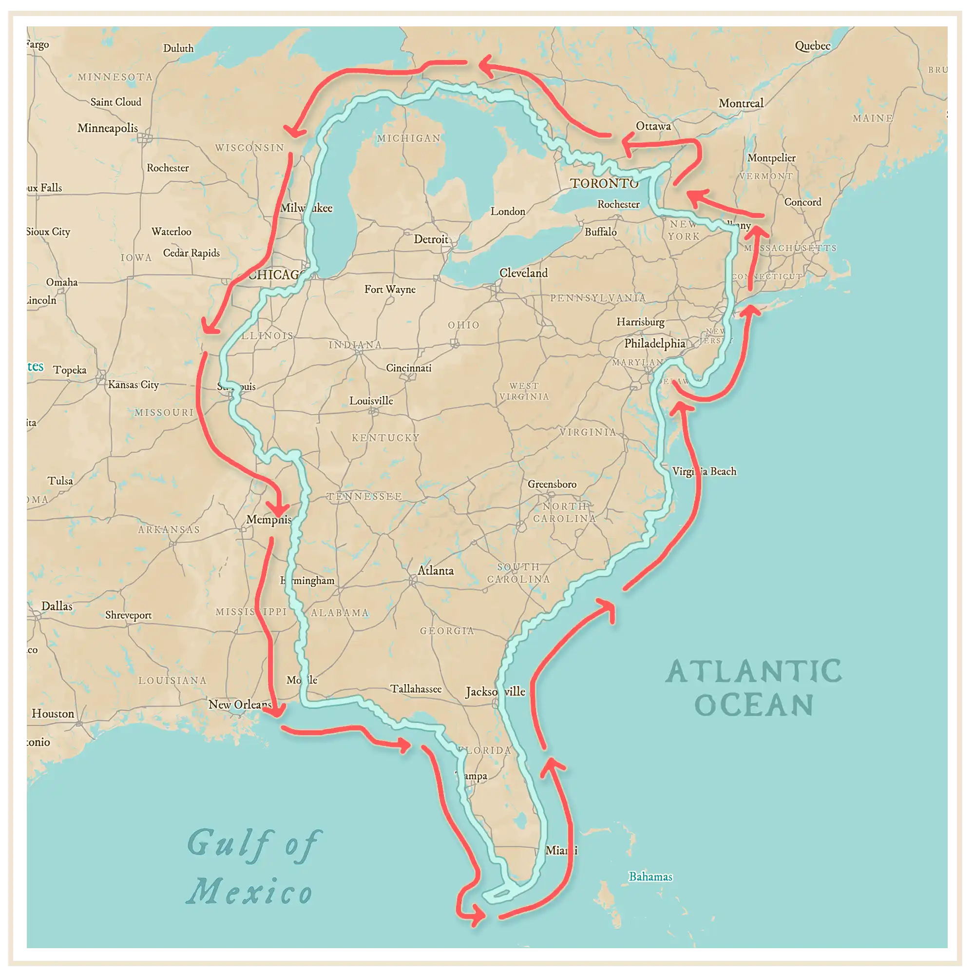 Map of the Great Loop showing the counter-clockwise direction of travel.