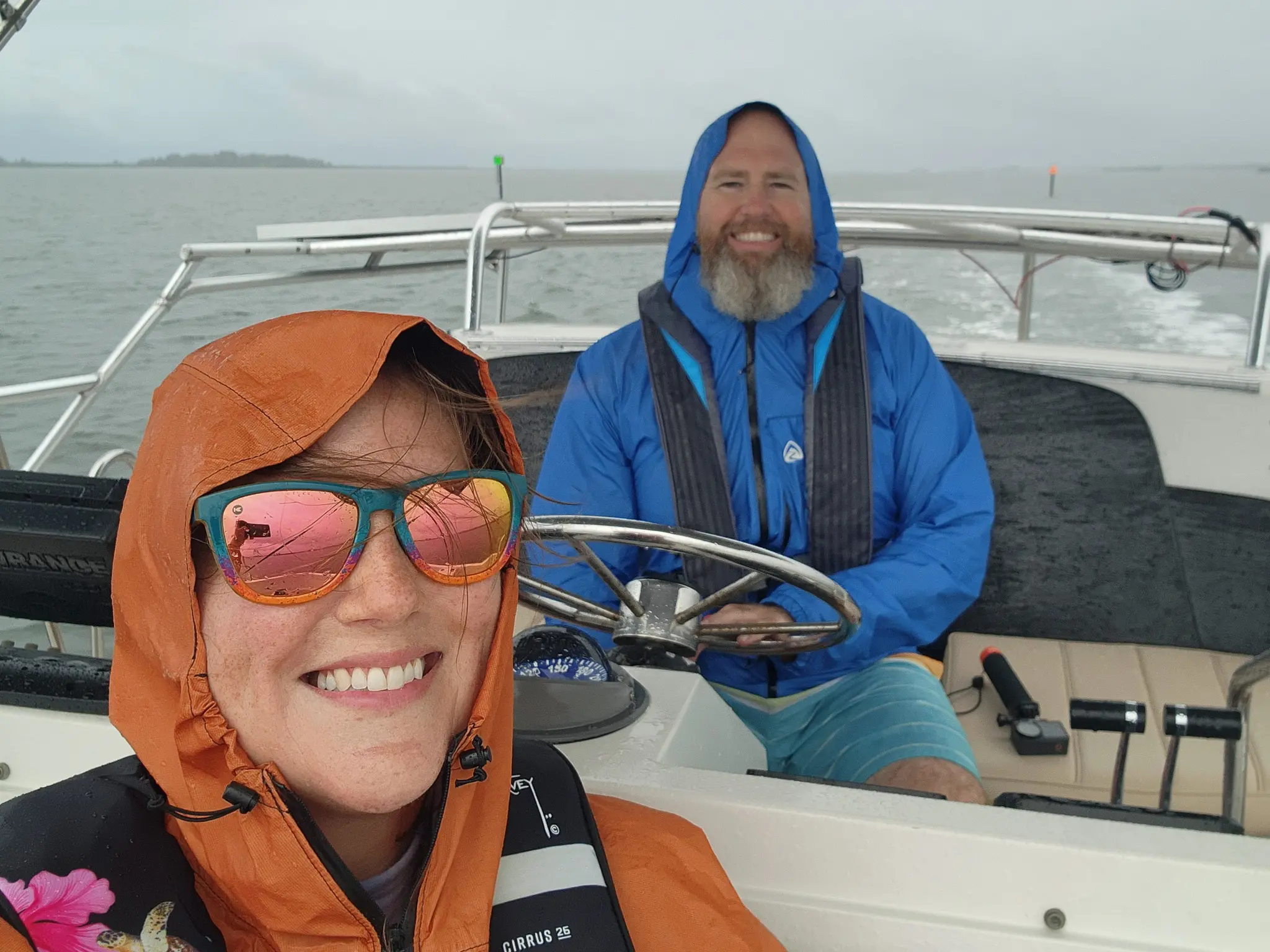 Tom and Elyse in their rain jackets on their first day on the Great Loop.