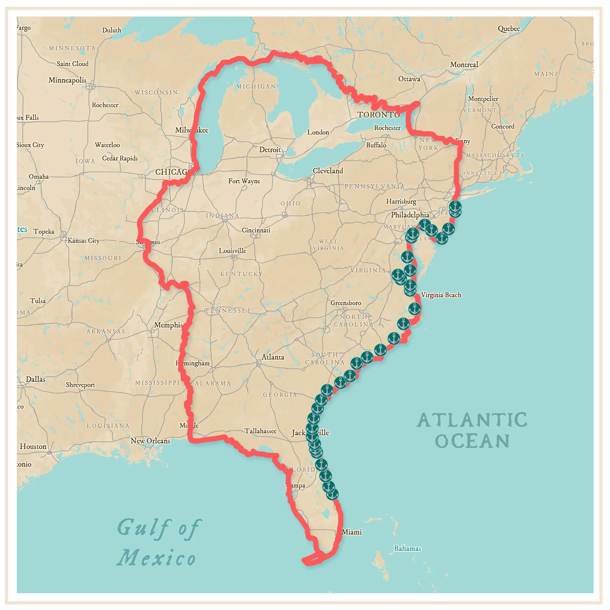 Map of Great Loop anchorages.