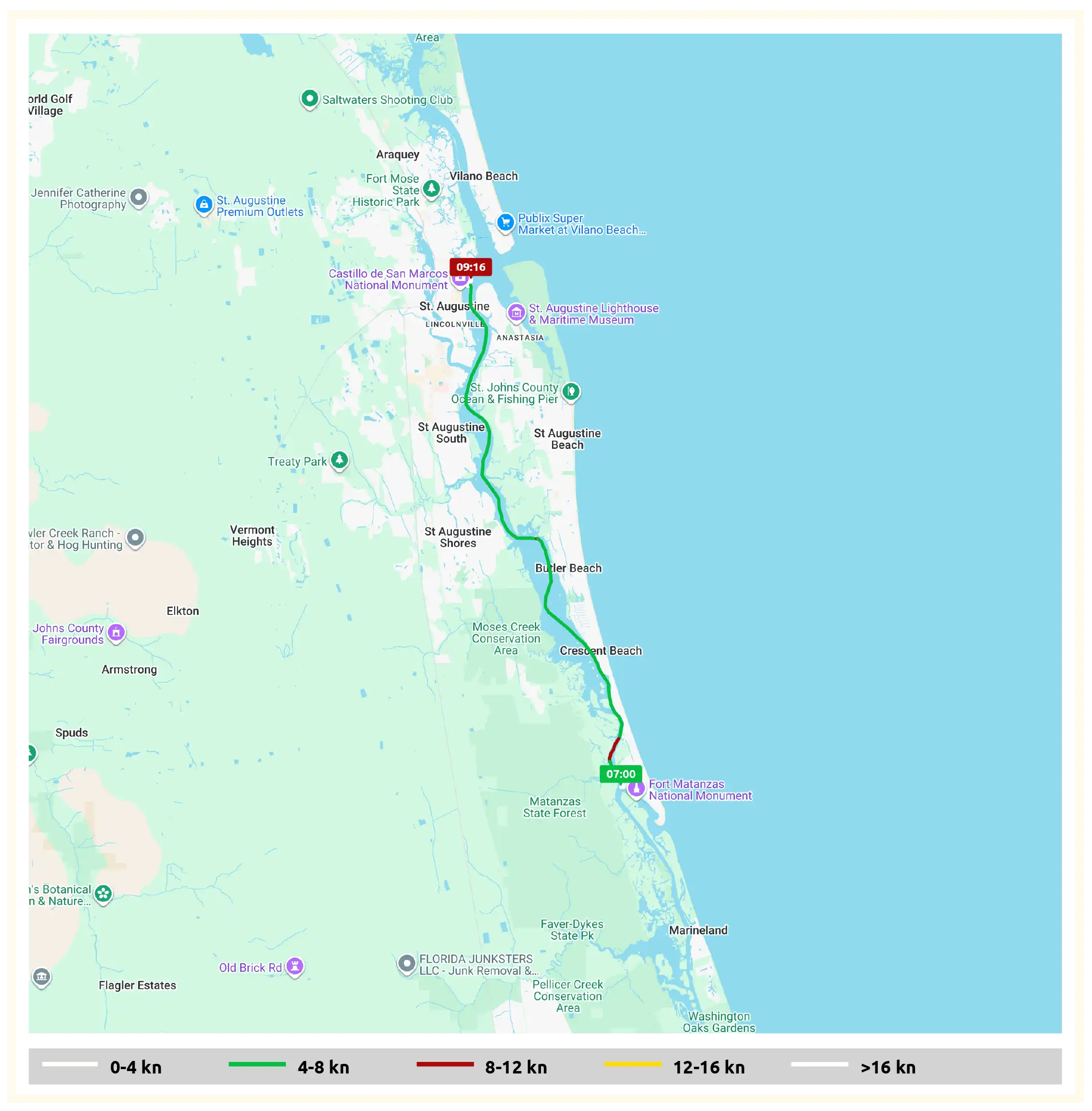 Map of our route from our anchorage at Fort Matanzas National Monument to the Castillo de San Marcos National Monument anchorage.