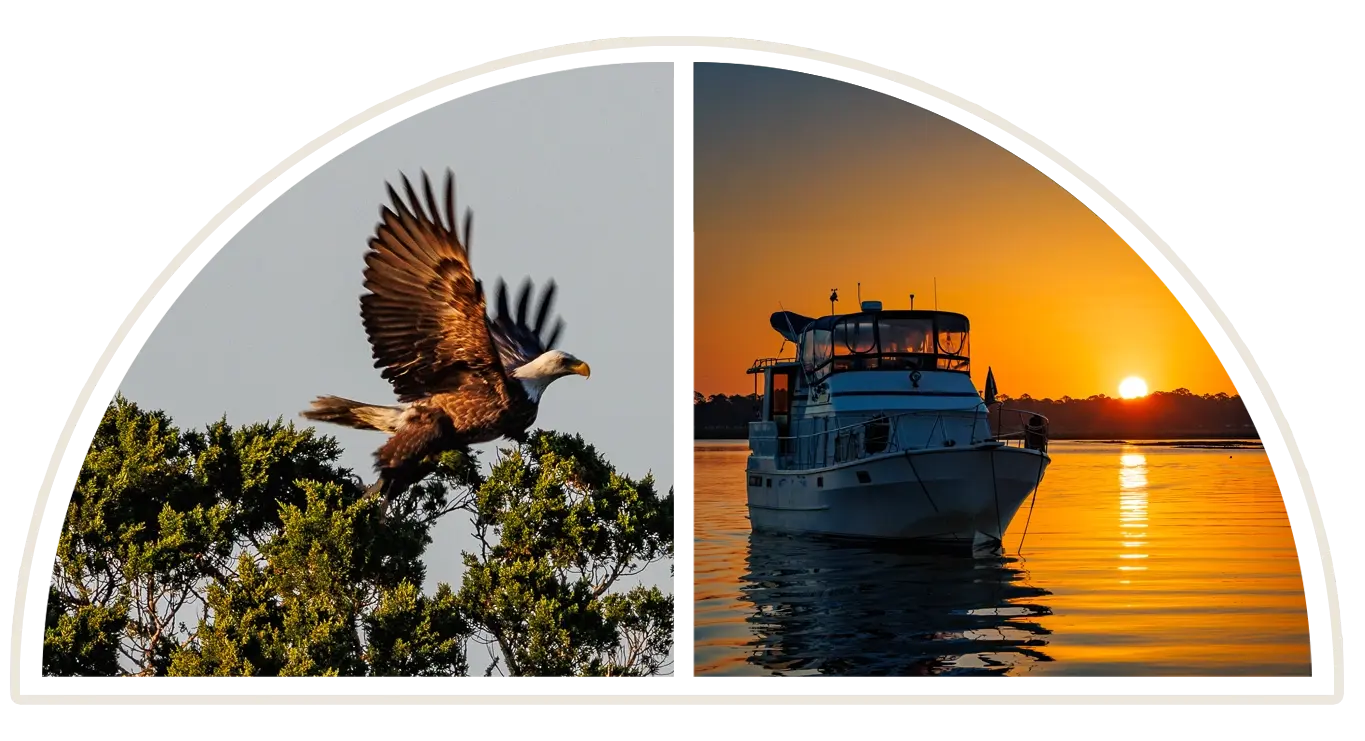 Bald eagle flying and the perfect Loop boat in an orange sunrise.