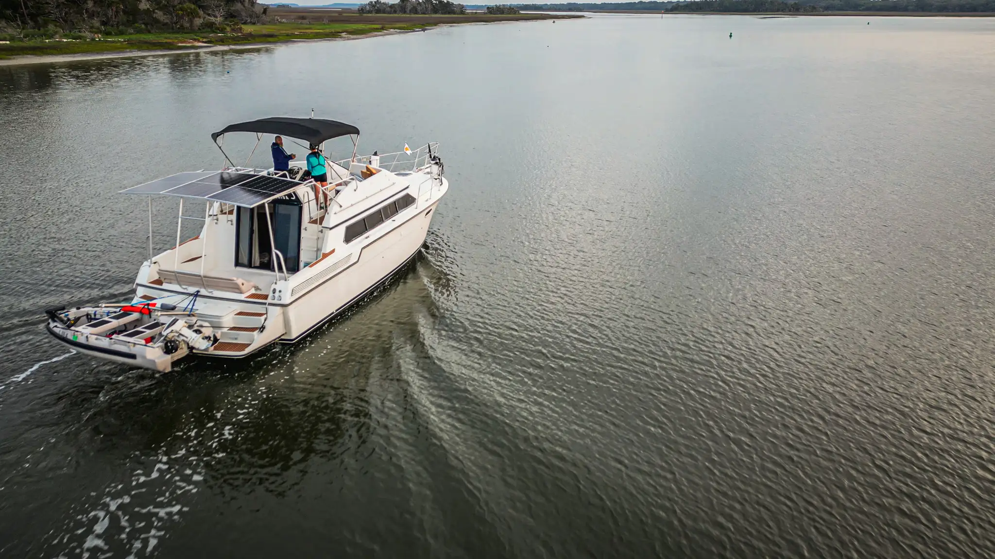 Drone shot of our 1989 Carver Santego off-grid motor yacht.