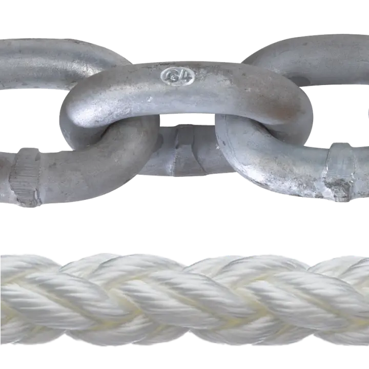 5/16″ G4 Galvanized Chain Grade 40 by Laclede and 9/16″ Braided Polyester Rope.