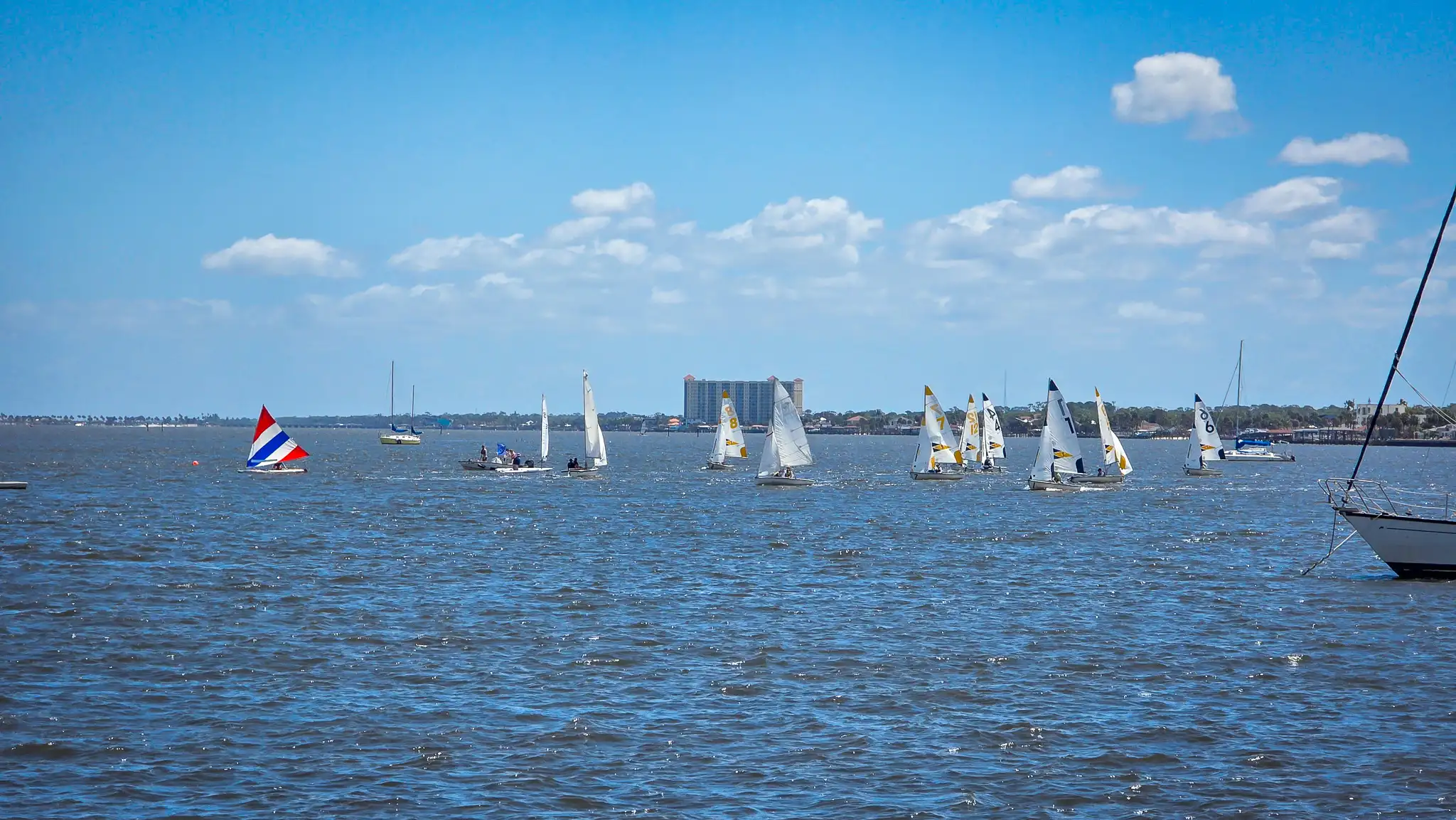 A dozen small sailing boats racing amongst each other at our Daytona Beach anchorage.