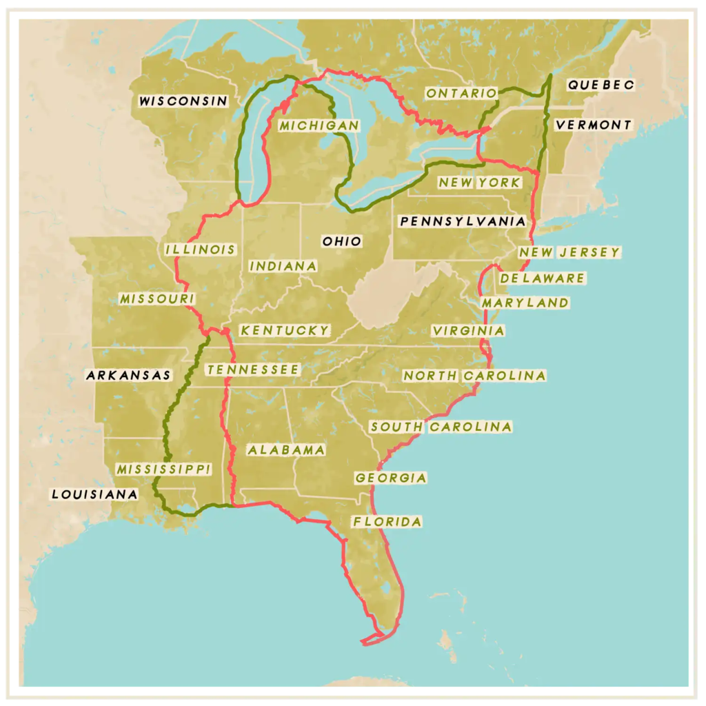 Great Loop map of U.S. states and provinces on alternate routes.
