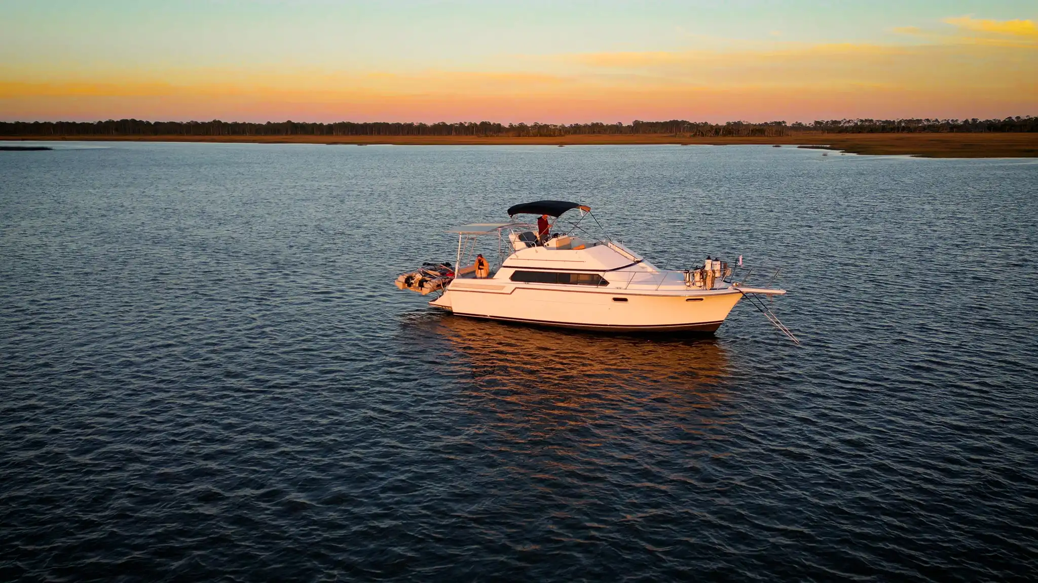 Motor yacht Swamp Puppy anchored at Pine Island, Florida along the Great Loop.