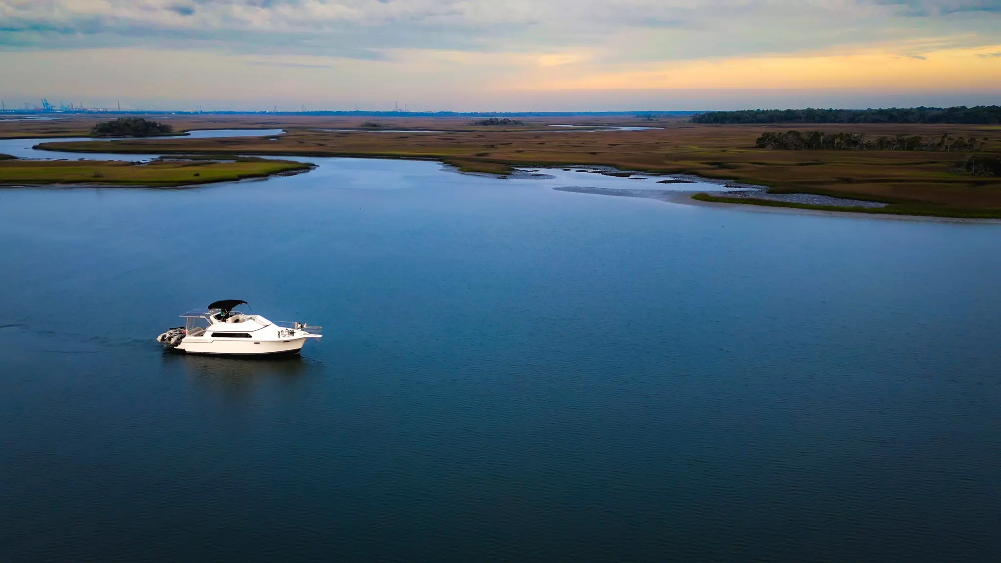 Drone shot of our Loop boat, a 1989 Carver Santego 38.