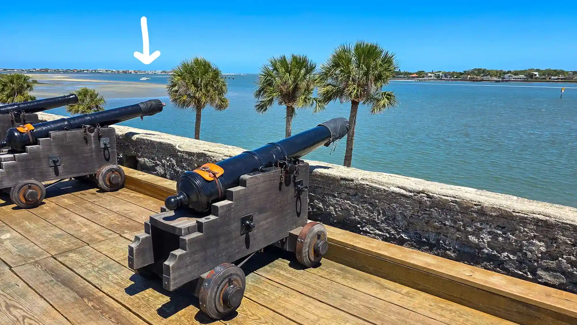 The cannons at the Castillo de San Marcos, our Loop boat anchored in the background.