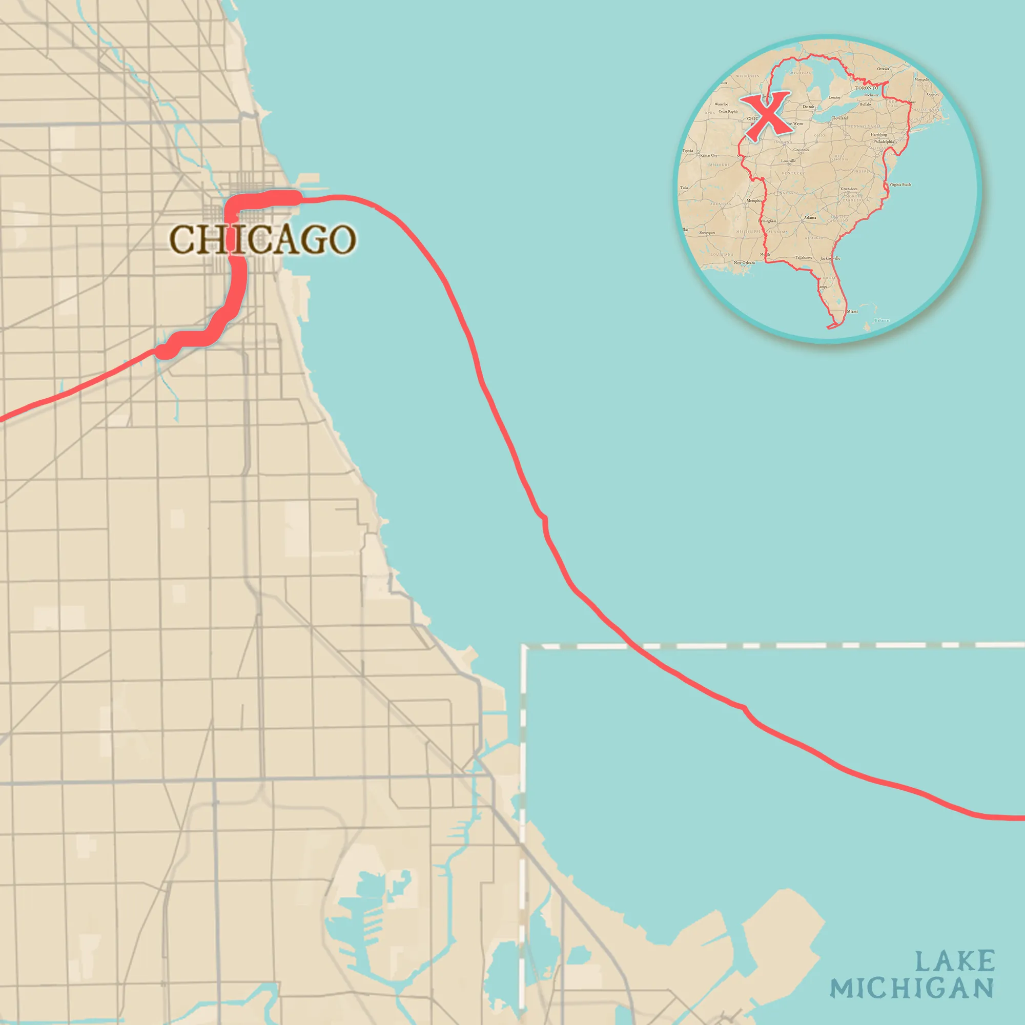 Chicago River route map on the Great Loop
