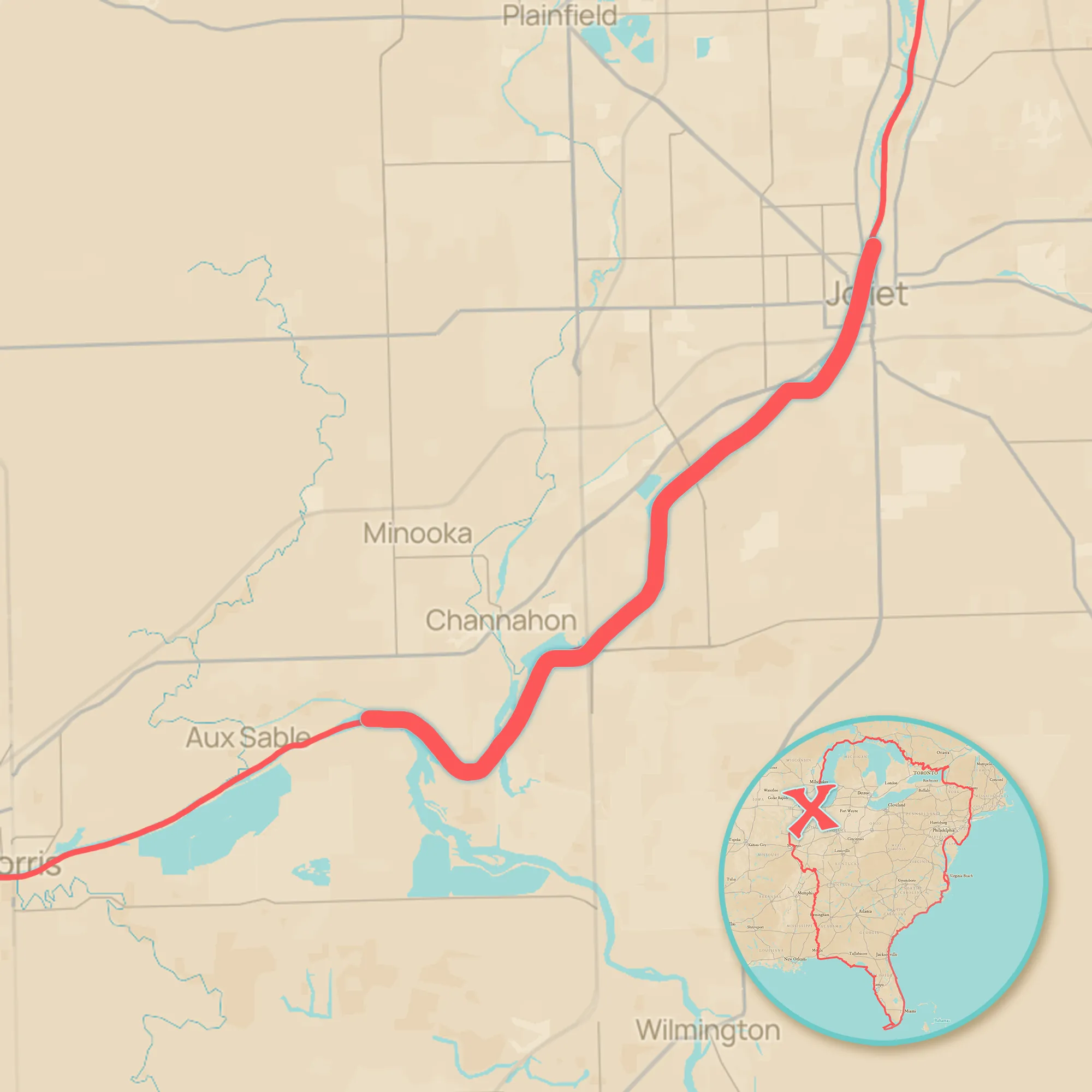 Des Plaines River route on the Great Loop map.